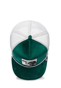 Green and white cap with a velvety texture, mesh back, and a round patch featuring an illustration on the front. Silver rope detail.