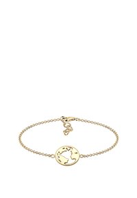 Goldarmband mit einem runden Globusanhänger, der ausgeschnittene Kontinente zeigt, an einer zarten Kette, die mit einem Karabinerverschluss gesichert ist.