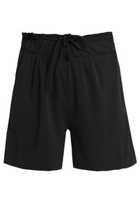 Black shorts with an elastic waistband and a drawstring tie. Made from lightweight fabric, featuring a loose fit and side pleats.