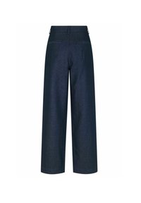 Tmavě modré široké kalhoty z denimu, s vysokým pasem, dvěma zadními kapsami a čistým lemem bez viditelných dekorací.