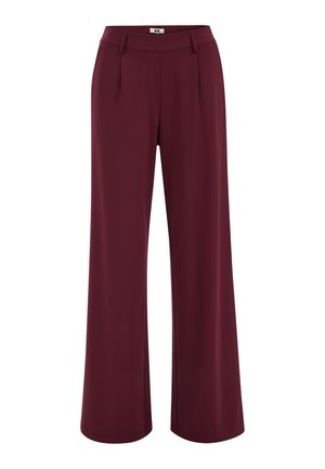 Bordó, széles szárú nadrág sima anyagból, elöl hajtásokkal, derékban testhezálló, oldalsó zsebekkel a praktikum érdekében.