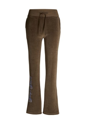 Pantaloni lounge in pile marrone con waistband regolabile, gambe svasate e testo ricamato blu sul lato sinistro in basso. Texture morbida.