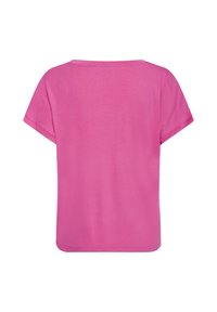 T-shirt rose vif à manches courtes avec un col rond, dos uni, et coupe régulière, présenté sur un fond blanc.