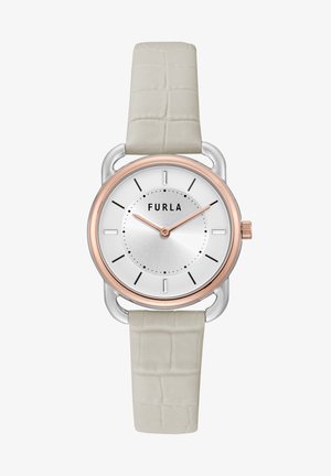 Ümar kell, millel on hõbedane dials, roosakuldne äär, mustad markerid ja tekstureeritud heledas hallis nahkrihmas krokodillide muster.