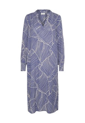 Abito a maniche lunghe in tessuto blu con motivo di foglie bianche, caratterizzato da un colletto a serratura e una vestibilità comoda, adatto per occasioni informali.