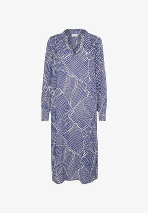 Long-sleeve dress in blue fabric with white leaf pattern, featuring a notch collar and relaxed fit, suitable for casual wear.