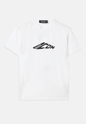 White cotton t-shirt featuring a black logo print on the front. Classic crew neckline and short sleeves with a relaxed fit.
