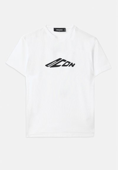 White cotton t-shirt featuring a black logo print on the front. Classic crew neckline and short sleeves with a relaxed fit.