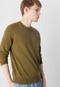 Pull à col rond vert olive en tissu tricoté doux, avec des poignets et un ourlet côtelés, portant un petit logo rouge sur la poitrine.