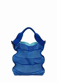 Blue striped fabric bag with a soft, wavy shape and contrasting light blue accents. Features sturdy handles and no visible hardware.
