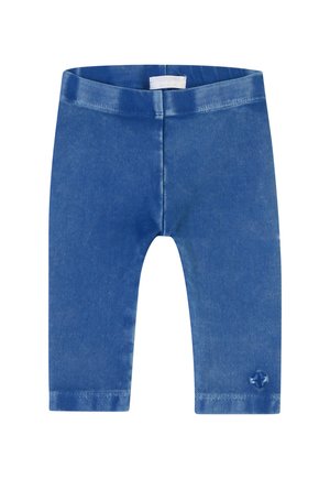 Blaue Denim-Leggings mit glatter Textur, einem dehnbaren Bund und einem kleinen dekorativen Emblem am unteren linken Bein.