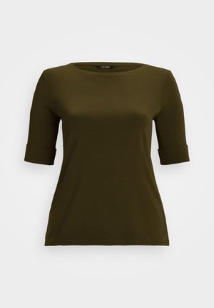 Oliwkowozielony top z krótkim rękawem, okrągłym dekoltem i podwiniętymi mankietami, dopasowany krój oraz gładka faktura tkaniny.