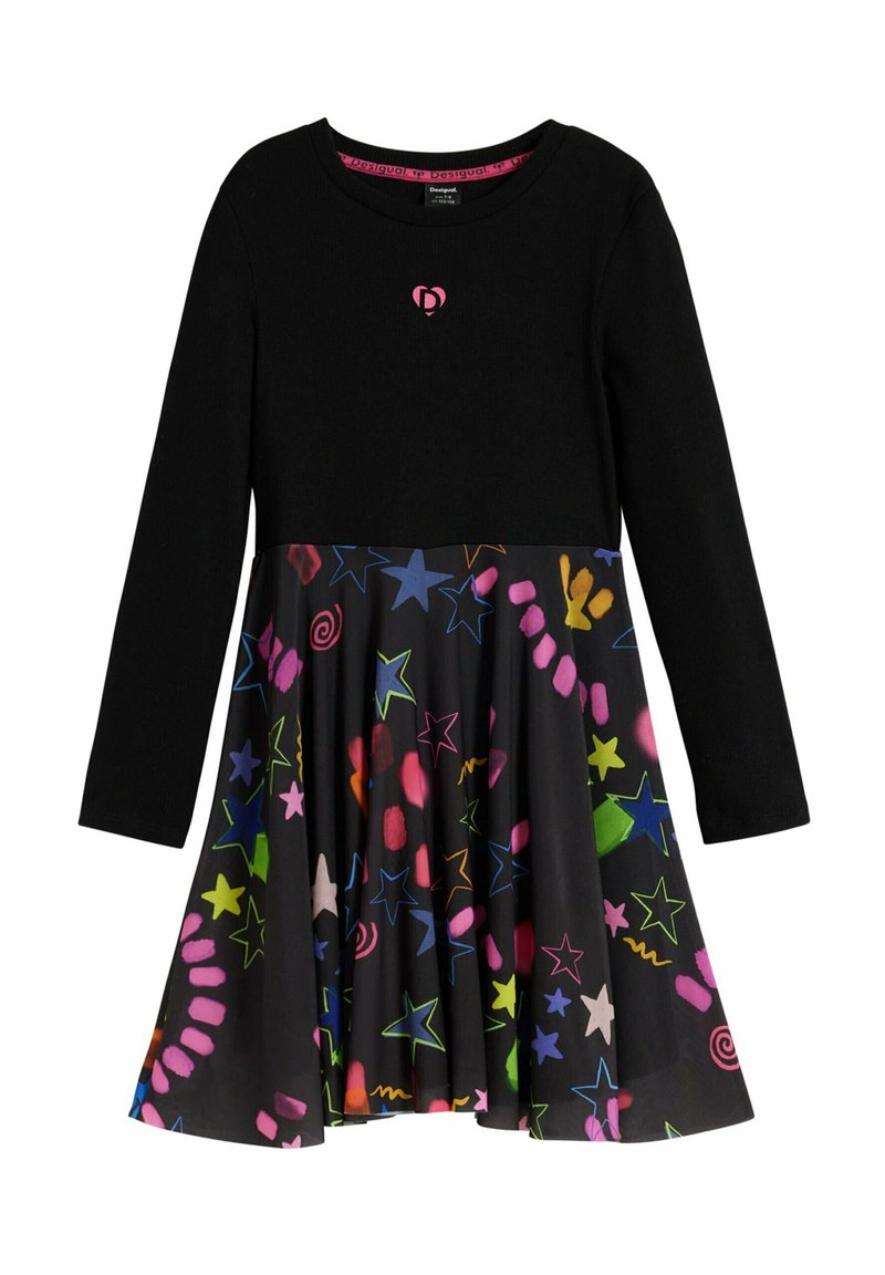 Schwarzes langärmeliges Kleid mit einem bunten, gemusterten Rock, der Sterne, Wirbel und Formen in Pink, Grün und Blau auf schwarzem Hintergrund zeigt.