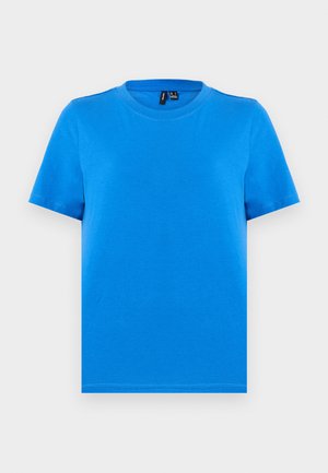 Schlichtes blaues T-Shirt mit kurzen Ärmeln und Rundhalsausschnitt, mit sichtbaren Kragennähten, flach auf einem hellgrauen Hintergrund dargestellt.