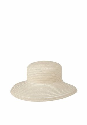 Wide-brimmed light beige straw hat with a rounded crown and woven texture, designed for sun protection.