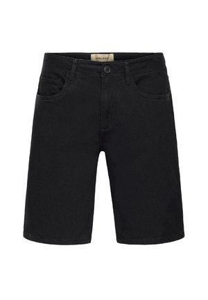 Černé džínové šortky s přímým střihem, vybavené dvěma předními kapsami a zapínáním na knoflík. Hladká textura, bez viditelných vzorů nebo zdobení.
