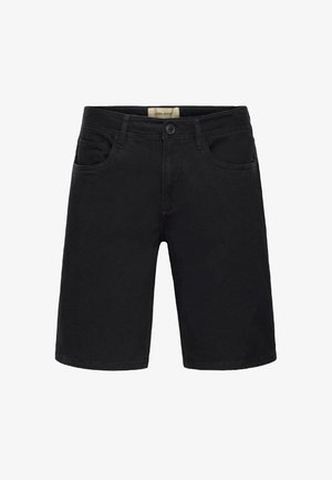 Černé džínové šortky s přímým střihem, vybavené dvěma předními kapsami a zapínáním na knoflík. Hladká textura, bez viditelných vzorů nebo zdobení.