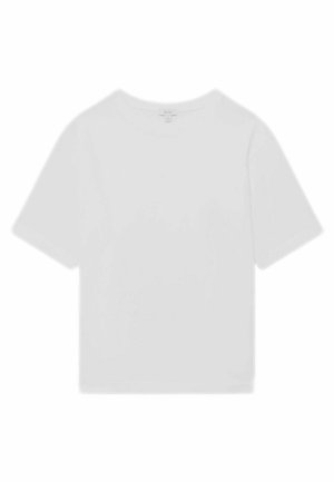 T-shirt en coton blanc avec un col rond et des manches courtes, présentant un design uni et une coupe décontractée.