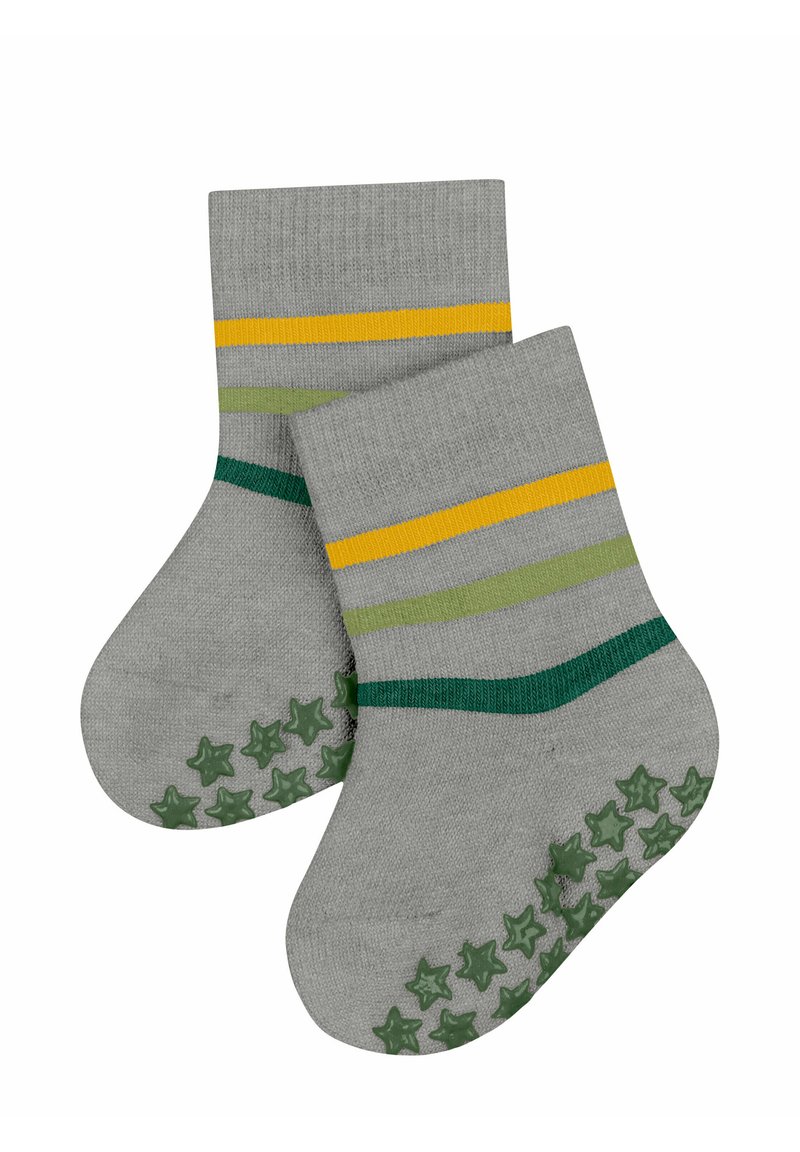 Gray cotton socks with yellow, green, and gray stripes. Features green star-shaped grippers on the soles for traction.