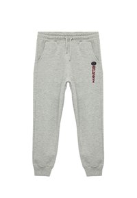 Grå sweatpants med elastisk talje, sidelommer og ribbede manchetter. Har teksten "MANHATTAN" i mørkerød på siden. Blødt stof.