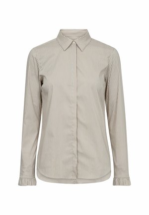 Cămașă cu mânecă lungă de culoare bej, cu dungi verticale subțiri, având un guler, închidere completă cu butoane și manșete franjurate.