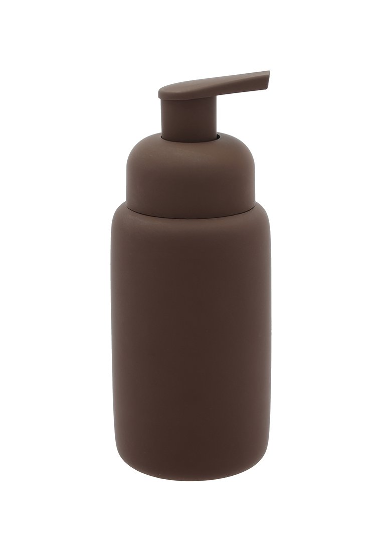Bruine matte pompfles met een ronde body en cilindervorm, voorzien van een platte uitloop voor gemakkelijk doseren.