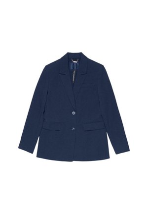 Blazer blu navy realizzato in tessuto strutturato, con colletto a revers, due tasche frontali e chiusura con un solo bottone. Texture liscia.