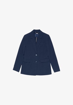 Blazer blu navy realizzato in tessuto strutturato, con colletto a revers, due tasche frontali e chiusura con un solo bottone. Texture liscia.