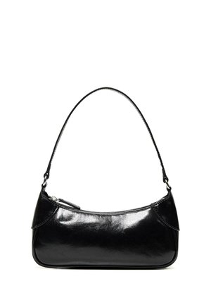 Black glossy leather shoulder bag with a single zippered compartment and a thin strap curved into an arch shape.