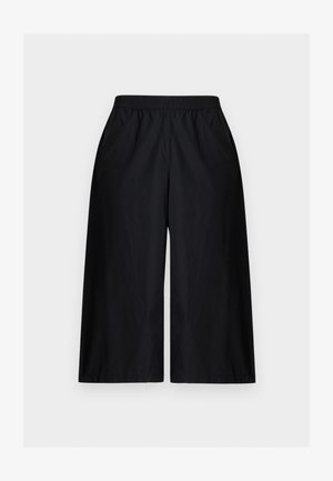 Mustat leveälahkeiset lyhyet housut, joissa on kuminauhavyötärö ja sivutaskut, esitetty valkoisella taustalla tasaisesti.