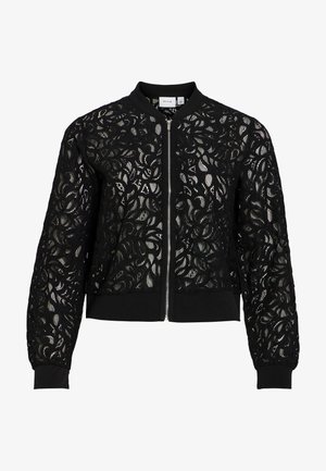 Chaqueta bomber negra de encaje con cremallera completa en el frente, cuello, puños y bajo de canalé, con tela transparente con diseño floral.