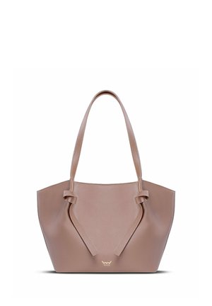 Brown leather tote bag with knotted handles, a structured shape, and a gold logo at the base. Smooth texture with clean lines.