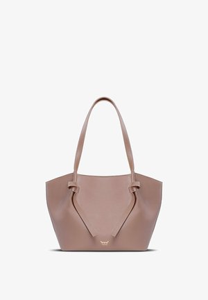 Brown leather tote bag with knotted handles, a structured shape, and a gold logo at the base. Smooth texture with clean lines.