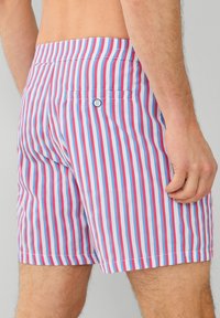Gestreifte Badehose mit vertikalen Streifen in Rot, Blau und Weiß. Hergestellt aus leichtem Material mit einer Gesäßtasche und Knopfdetails.