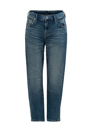 Blue denim jeans with a straight leg, featuring faded areas and distressed details. Classic five-pocket design and button fly closure.