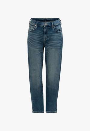 Blue denim jeans with a straight leg, featuring faded areas and distressed details. Classic five-pocket design and button fly closure.