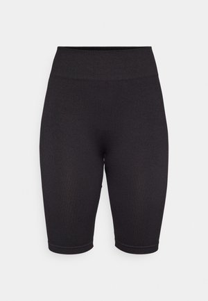 Black ribbed bike shorts with a wide elastic waistband, reaching mid-thigh. Features a smooth texture and fitted design.