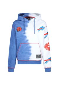 Huppari, jossa on sinivalkoinen tie-dye-kuvio, punaisia yksityiskohtia, joukkueen logo ja taskut. Valmistettu pehmeästä kankaasta.