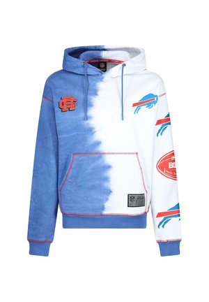 Hættebluse med et blåt og hvidt tie-dye mønster, med røde accenter, holdlogo og lommer. Fremstillet af blødt stof.