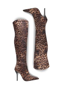 Stivali sopra il ginocchio con stampa leopardata, dotati di un design aderente, alto tacco a stiletto, texture liscia e punta affusolata.