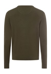 Olivegrüner Strickpullover, lange Ärmel, runder Halsausschnitt, gerippter Saum und Bündchen, glatte Textur, schlichtes Design, ohne Muster oder Akzente.