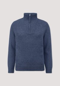 Dunkelblauer Strickpullover mit hohem Kragen, gerippten Akzenten am Hals und Saum sowie einem Pulli-Design. Hergestellt aus weichem Garn.