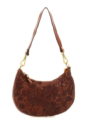 Borsa a tracolla in pelle marrone con motivi floreali tagliati al laser, chiusure in tono oro e una singola tracolla regolabile.