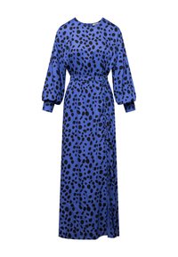 Robe bleue à manches longues avec un motif à pois noirs, taille élastique et fente sur le côté. Tissu doux avec une coupe décontractée et un col rond.