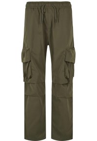 Cargo pants in olive green, featuring an elastic waistband with drawstring, multiple side pockets, and a loose fit with pleated detailing.