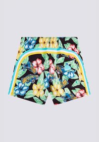 Shorts da bagno neri con motivi floreali colorati, tra cui hibiscus blu e giallo, foglie di palma e una striscia blu a contrasto lungo i lati.