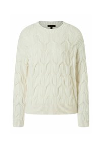 Weißer Kabelstrickpullover mit rundem Ausschnitt und gerippten Bündchen und Saum. Verfügt über strukturierte Muster im Stoff für zusätzliche Details.
