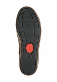Semelle extérieure en caoutchouc noir avec un motif texturé, bord renforcé, accent circulaire rouge marqué "Confort" et logo de la marque près du talon.