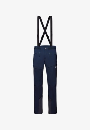 Navy udendørs bukser med justerbare sorte seler, flere lynlåslommer, forstærket underben og en vandafvisende stoffinish.