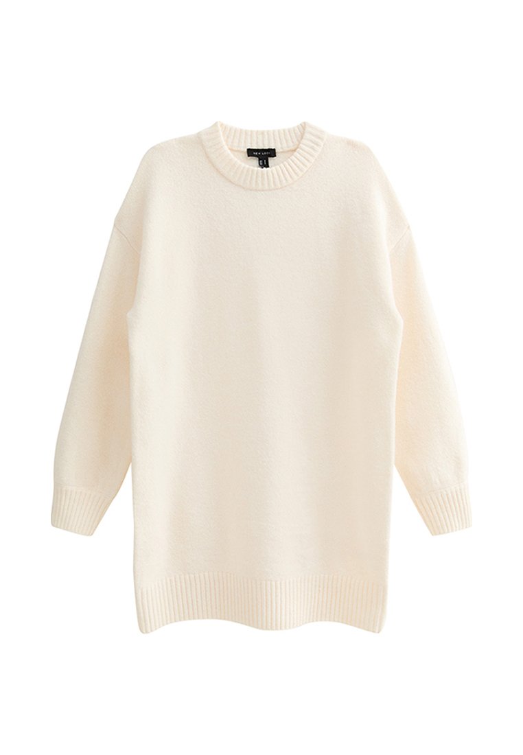 Übergroßer cremefarbener Pullover mit Rundhalsausschnitt, langen Ärmeln, gerippten Bündchen und Saum. Weicher Stoff mit glatter Struktur.